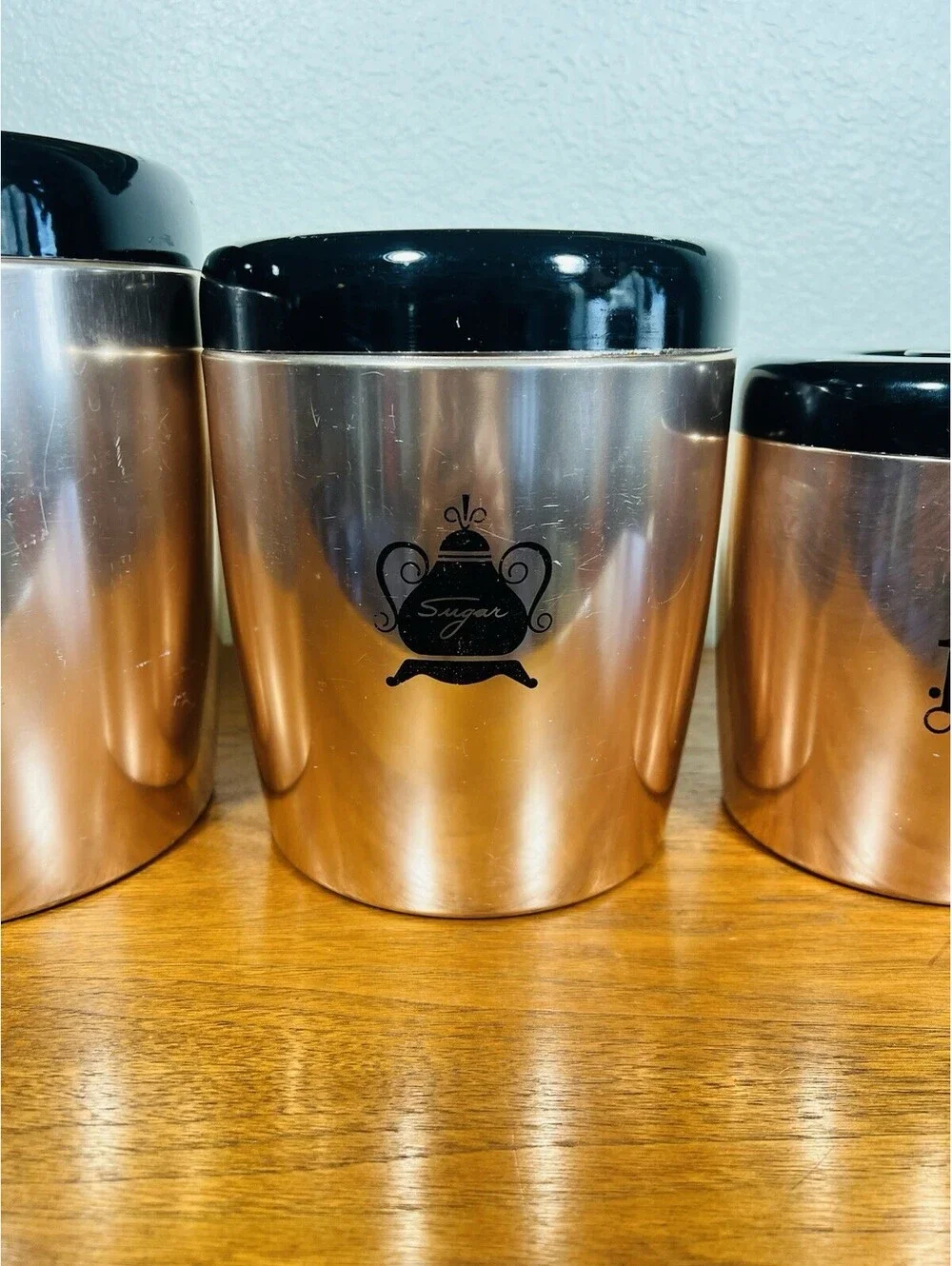 VTG 4 West Bend Copper Color Aluminum Kitchen Nesting Canisters w/Black Lids USA